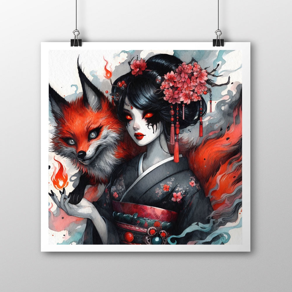 Kitsunebi - Original Spooky Manga Watercolour Geisha Kitsune Artwork (21cm x 21cm)