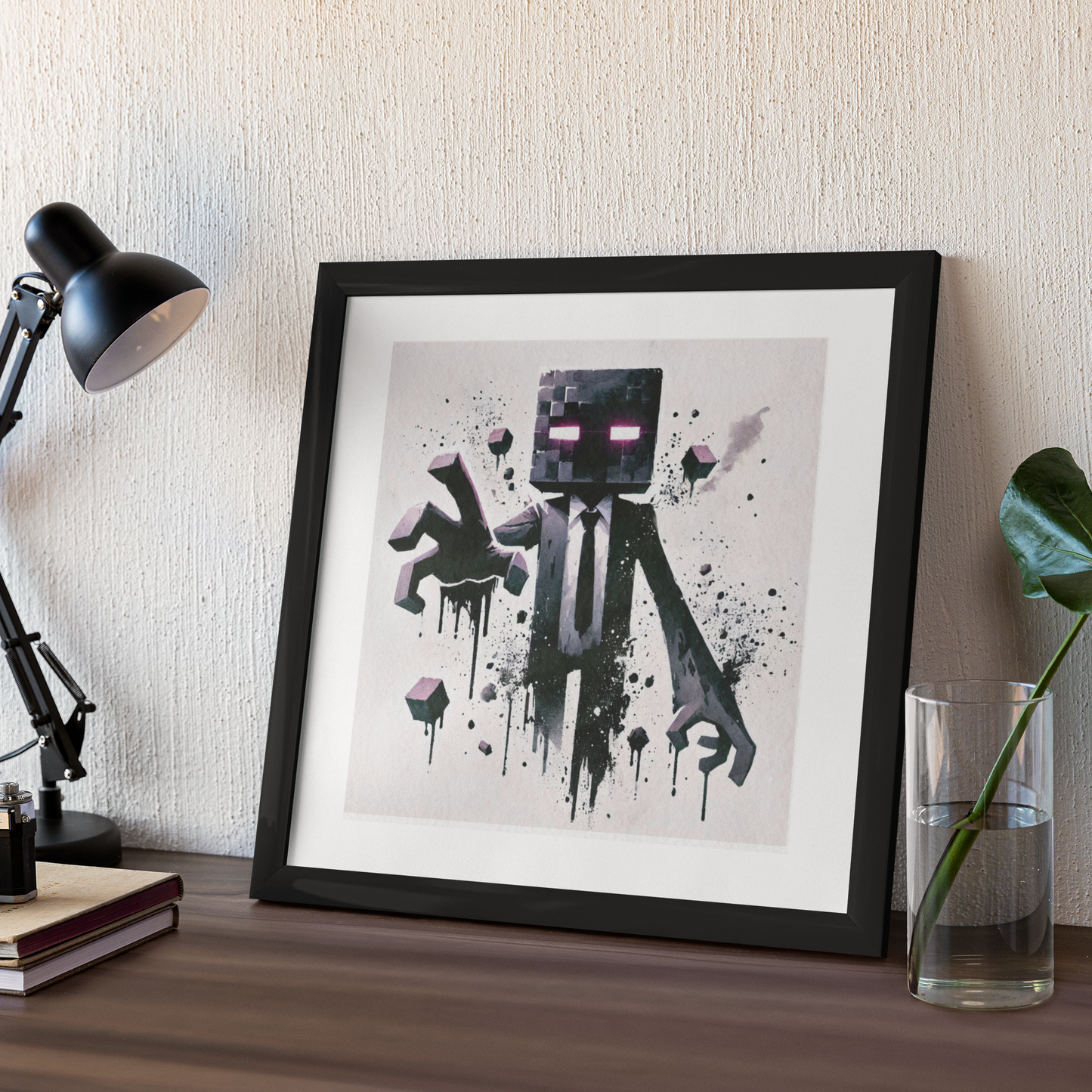 Ender Men In Black  - Watercolour Cube Block Game Art Print (21cm x 21cm)