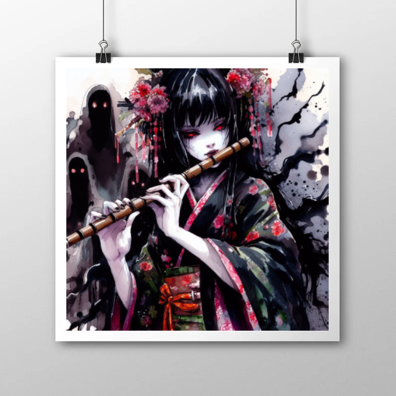 The Shakuhachi's breath - Original Manga Watercolour Artwork (21cm x 21cm)